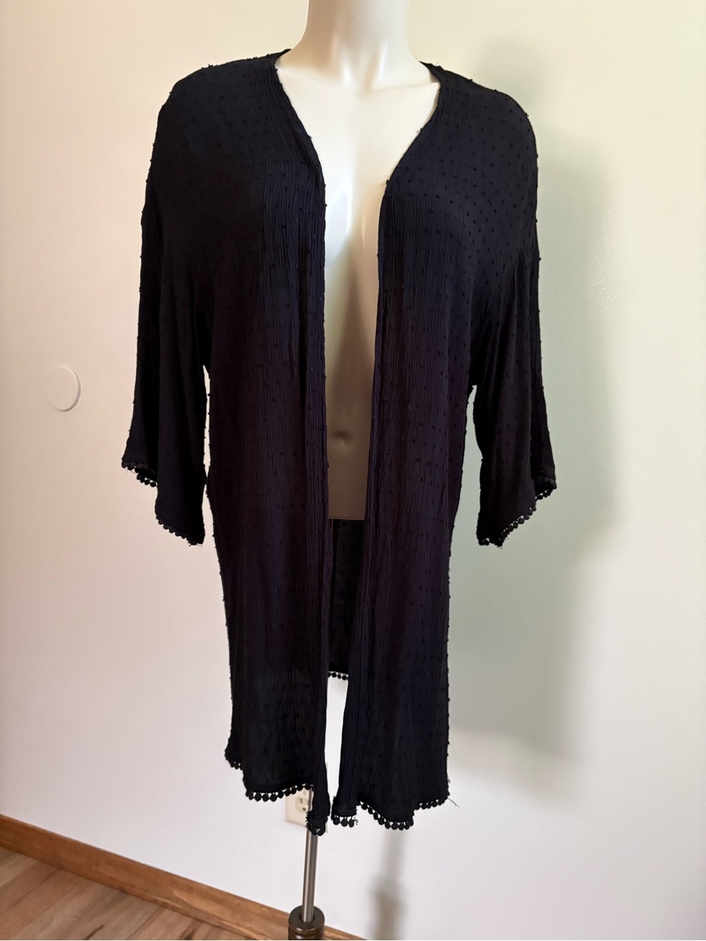 H&M Coachella Festival Boho Pom-Pom Sheer Open Front Kimono Duster Small